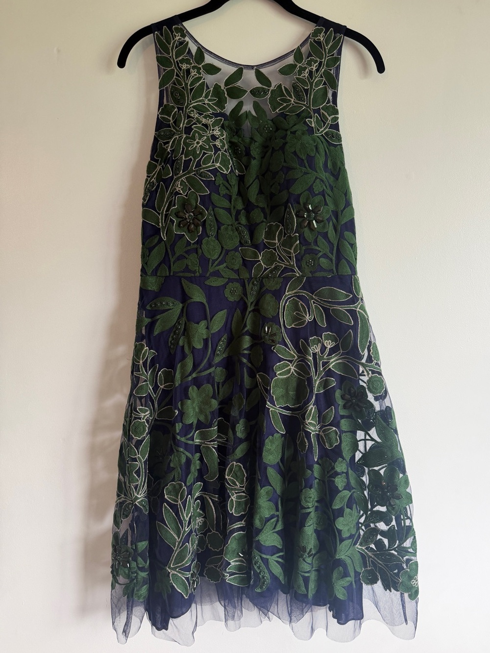 Anthropologie Navy Tulle Flare Dress with Green Floral Appliqué and Beading
